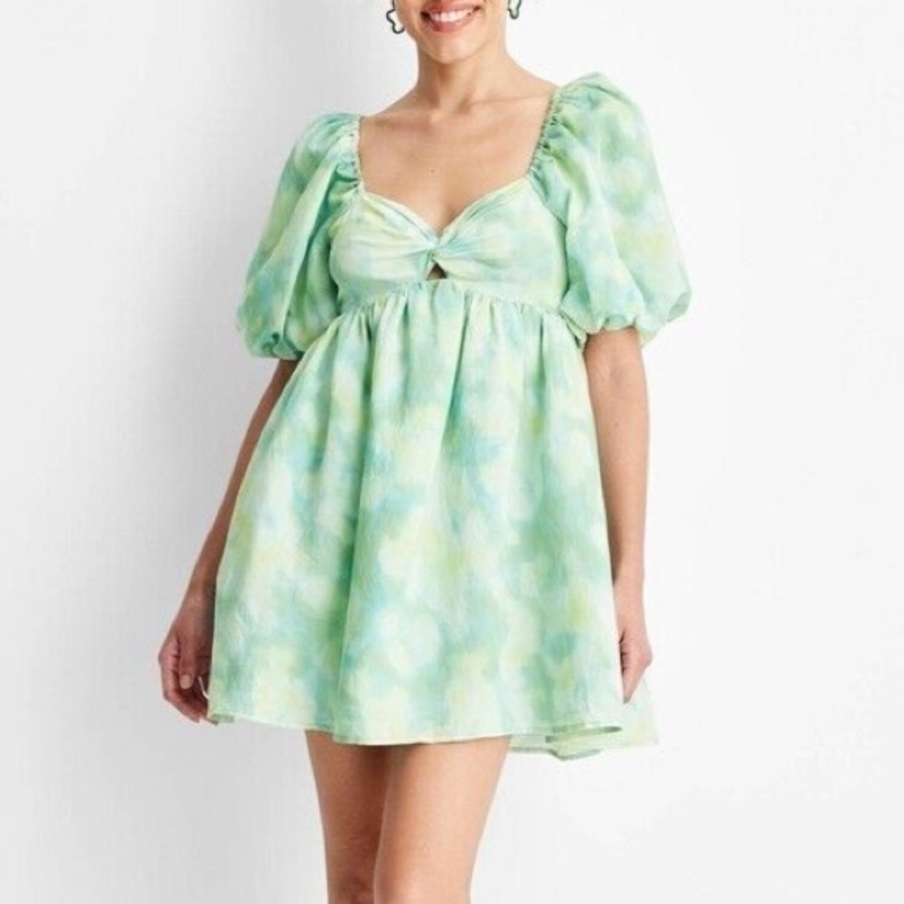 Future Collective x Gabriela Karefa-Johnson Green Tie-Dye Puff Sleeve Dress EUC